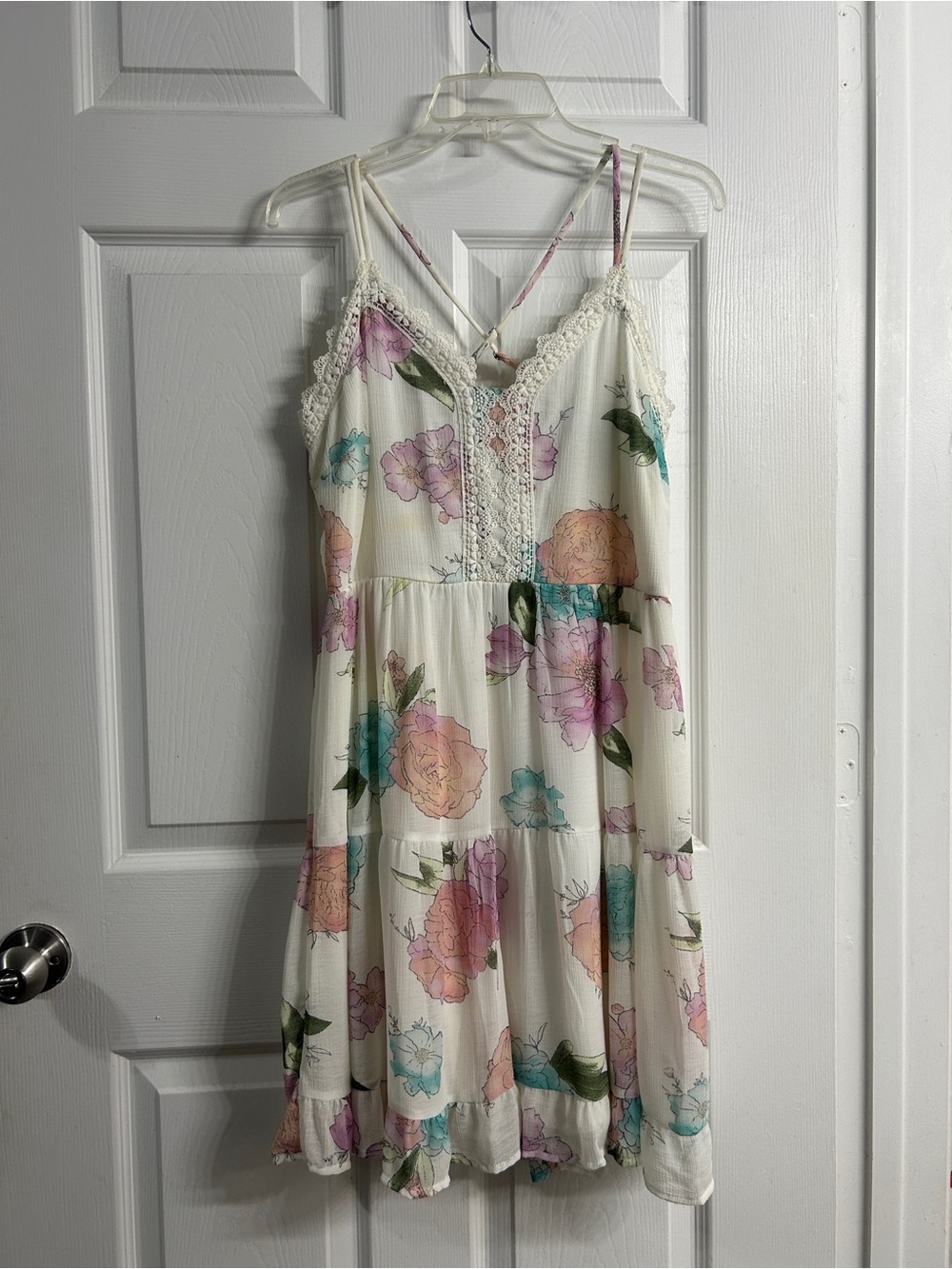 Xhilaration Cream Floral Lace-Trim Mini Dress with Pastel Blooms